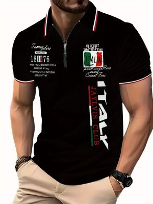 Polo Chemise Homme Été à Manches Courtes – Fermeture Zippée & Impression 3D Motif 1876
