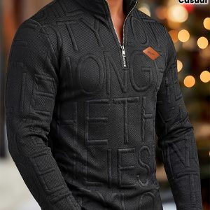Chemise Décontractée Homme Col Mi-Haut – Imprimé Lettrage Texturé, Patchwork & Fermeture Zippée Printemps-Automne