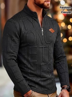 Chemise Décontractée Homme Col Mi-Haut – Imprimé Lettrage Texturé, Patchwork & Fermeture Zippée Printemps-Automne