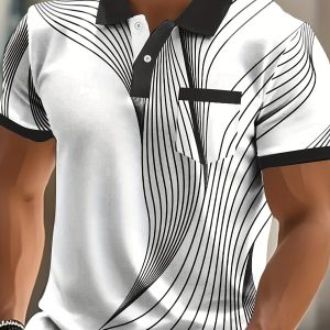 Polo Blanc à Manches Courtes Pour Homme – Motif Lignes Dynamiques, Style Moderne & Tendance