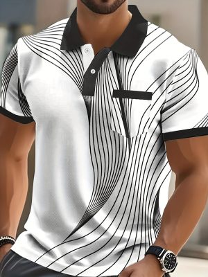 Polo Blanc à Manches Courtes Pour Homme – Motif Lignes Dynamiques, Style Moderne & Tendance